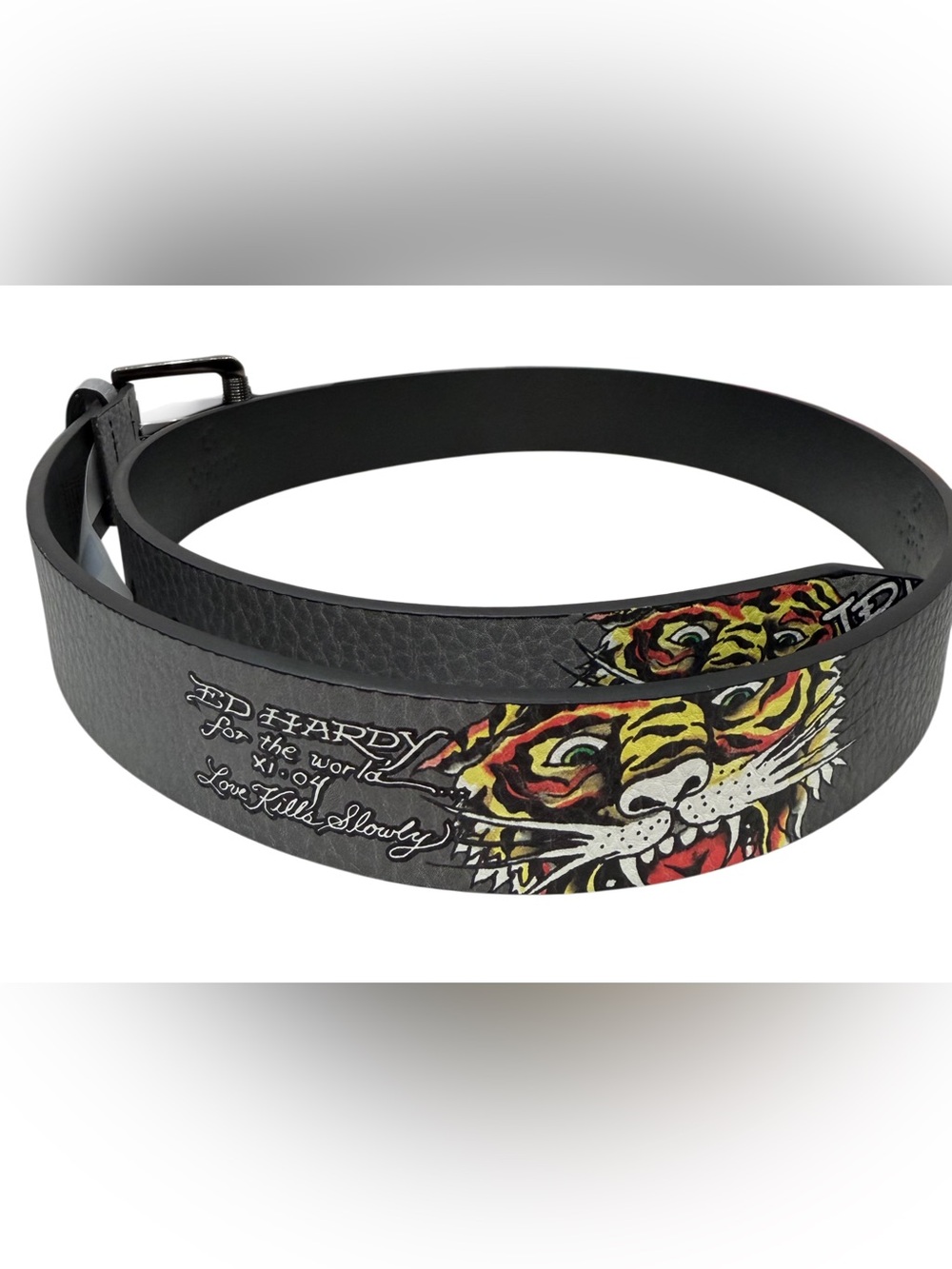 Ed Hardy Black Gray Studded Graphic Tiger Men's Belt Size 38 NWT
